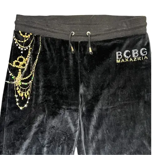 BCBGMAXAZRIA BCBG Velour Flare Black Track Pants with Gold and Rhinestone Details Size Medium