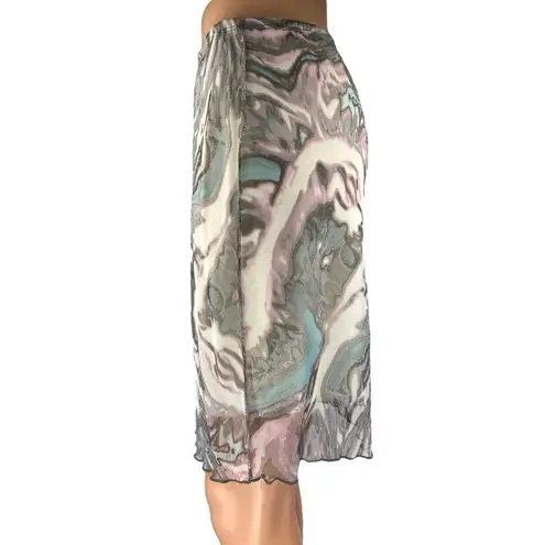 Persaya Gray Marble Print Elastic Waist Mesh Sheer Knee Length Pencil Skirt L