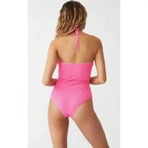 Cotton On  Gathered Tie Front Halter One Piece Cheeky Swimsuit Pink Crinkle L
