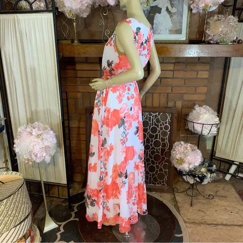 Chetta B CORAL, WHITE AND GRAY FLORAL PRINT CHIFFON MAXI DRESS (12)