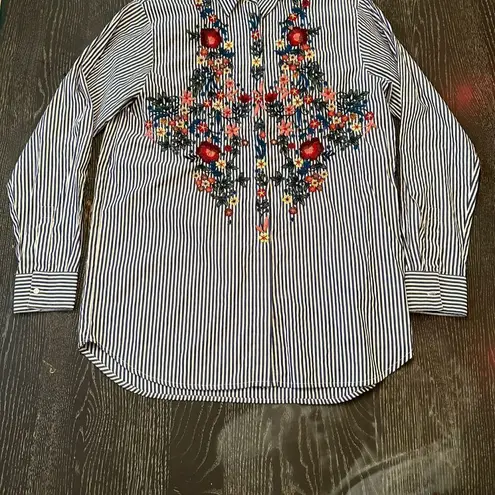 ZARA  Women's XS Blue Striped Embroidered Poplin Button-Up Long Sleeve Shirt