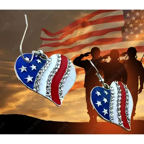 New Patriotic Heart Earrings Rhinestones Dangle Patriotic July 4 Veteran… Red