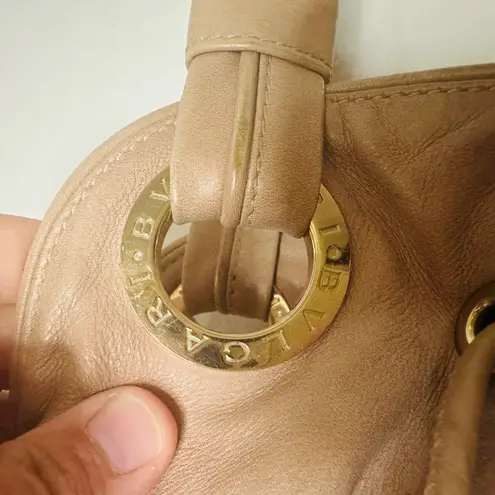BVLGARI BULGARI Beige Leather Ruched Leather Gold Tone Hardware Hobo Bag