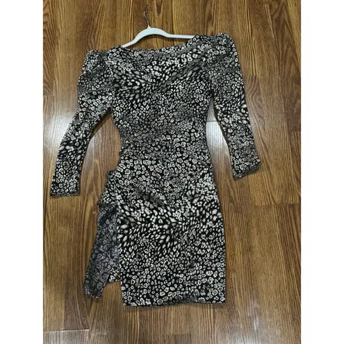 PATBO Gold Metallic lurex mesh fabric Leopard Drape Mini Dress sz 4 Black