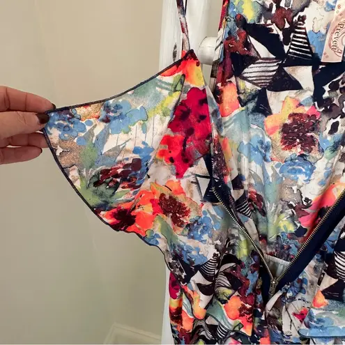 Prevett Colorful Abstract Print Front Zipper Sun Dress SZ Large Red