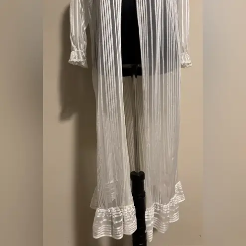 EUC Rose Cottage Vintage White Sheer Lace Robe with pink ribbon size 14