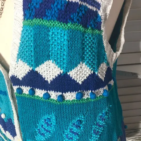 Vintage 90s Hand Knitted Cotton Vest Teal Blue XL