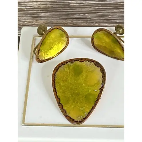 Vintage RARE Hogan Bolas Matching Copper Yellow Enamel Brooch And Earring Set