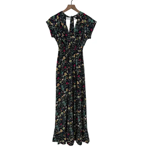 BETINA Floral Print Maxi Dress Deep V Neck Smocked Waist Tie Back Navy Black