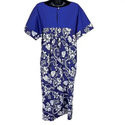Vintage 100% Cotton Hawaiian Floral Print Midi Dress Size Medium Blue
