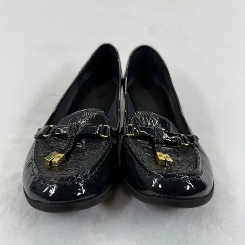 Lauren Ralph Lauren Black Patent Leather Wedge Loafers with Gold Accents 8 READ