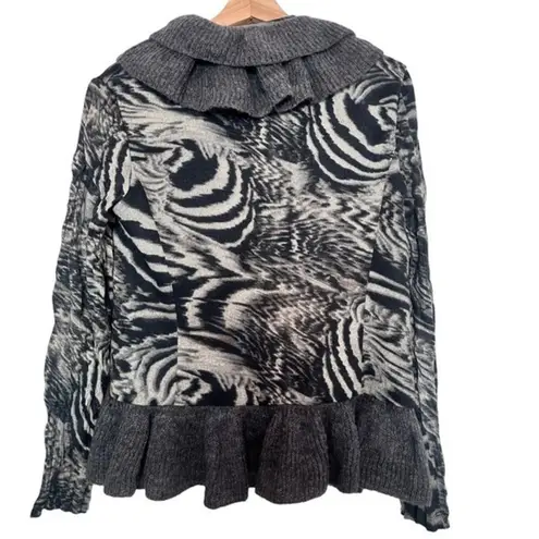 Alberto Makali gray animal print drapery ruffle cardigan sweater size M