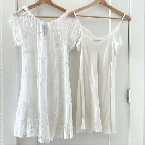 Johnny Was White Eyelet Lace Mini Bay Doll Dress Swim Coverup With Slip Size S
