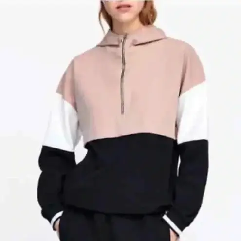 ZARA  Pink Black White Color Block Lightweight Hoodie Sweatshirt Pullover Size S