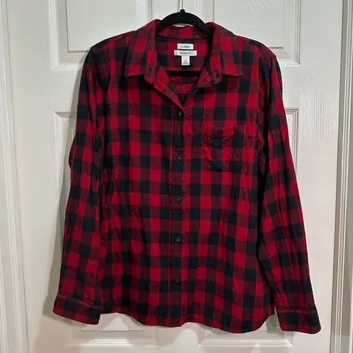 L.L.Bean Women’s  Long Sleeve Button Down Relaxed Shirt Red Black Plaid Sz Large