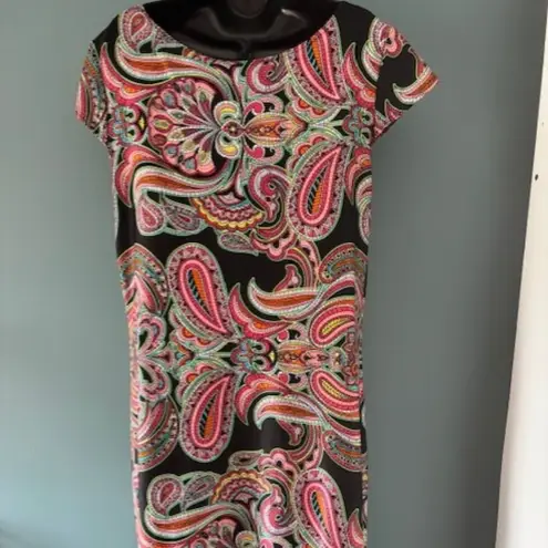 Karin Stevens Womens Size Medium Pink Paisley Cap Sleeve Stretch Shift Dress