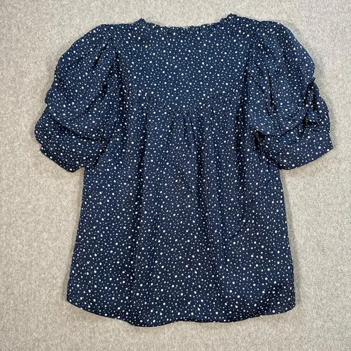 Ecru Puff Sleeve Blouse Women's X-Small Blue/White V-Neck Ruffle Polka Dot Pleat