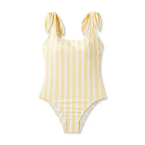 Kona Sol Yellow/White Striped Square Neck  Medium Coverage One Piece Swimsuit 
Size M‎