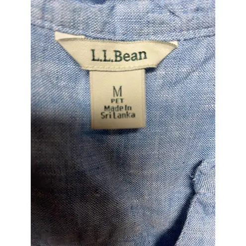 L.L.Bean  100% Linen Top MEDIUM Chambray Blue V-Neck Woven Popover Minimalist