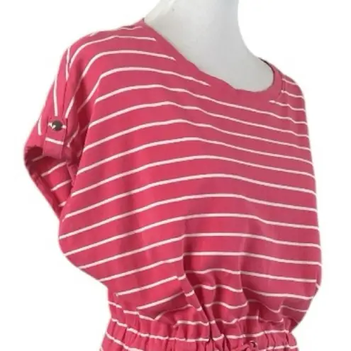 Rafaella Tee Shirt Dress Drawstring Pockets Pink White Stripe Women’s Size Large