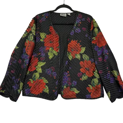 Chicos Design 100% Silk Woven Jacket Floral Print Black Red Green Purple Size 1