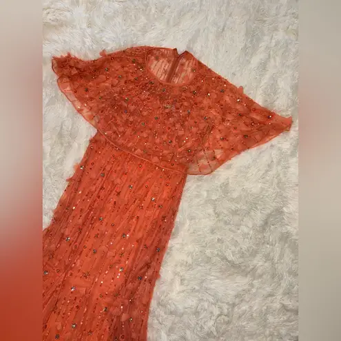 Mac Duggal NWOT Embellished Illusion Cape Sleeve Coral Trumpet Gown Sz 4