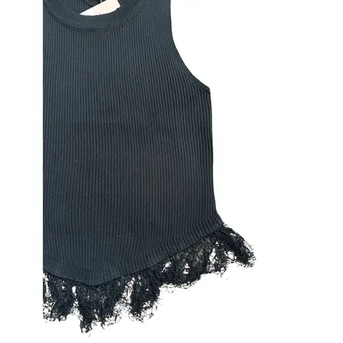 Micas  Women's Large Black Knit Round Neck Sleeveless Fringe Trim Tank Top