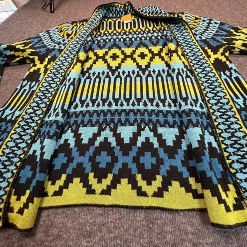 Ruby Rd Cardigan Womens Large Black Yellow Green Aztec Pattern USA Sweater VTG Blue