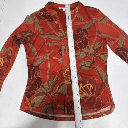 DR2 Daniel Rainn Floral Print Blouse Rushed Long Sleeve Top Small Orange Brown