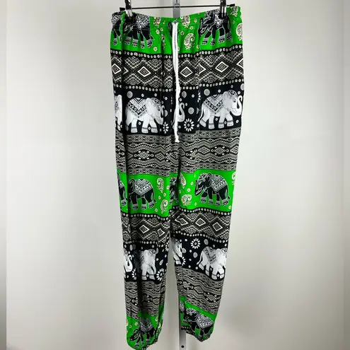 Thailand Made Green boho elephant print pants! Estimating small