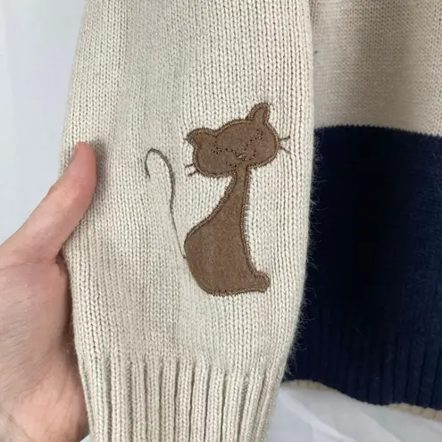 AA & ZZ Womens M Beige & Blue Embroidered Cat Sweater Color Block Kitty Pawprint Size M