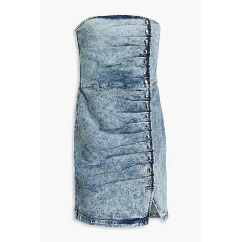Retrofête Retrofete Megh Strapless pleated Denim Mini Dress Marble Sky Button Front XS