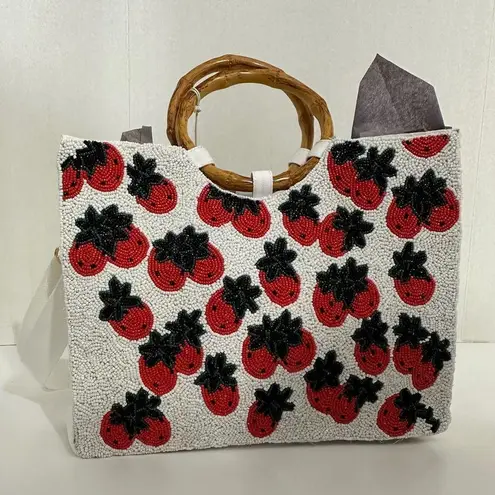 SOL + MER NWT Strawberry Beaded Viral Purse Handbag w Bamboo Handles White Strap