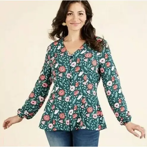 Matilda Jane Medium Top Yesteryear Blouse Green Pink V Neck Button Down 1429