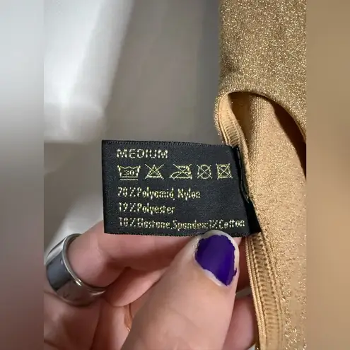 Wolford Gold Metallic One Shoulder 3/4 Length Sleeve Bodysuit Medium