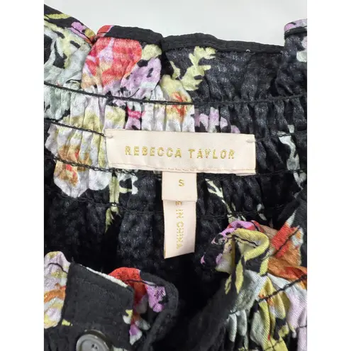 Rebecca Taylor Boquet Black Floral Silk Smocked Neck Long Sleeve Blouse Size S