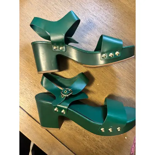 Charles and Keith Green Platform Block Heel Gold Studded Clogs Vegan Leather Size