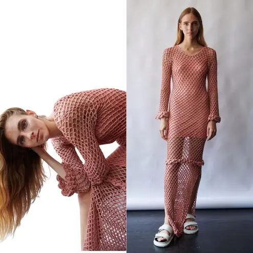 NEW AYNI IMAC Crochet Mesh Maxi Dress Side Slits Pima Cotton Medium Coral Knit Pink