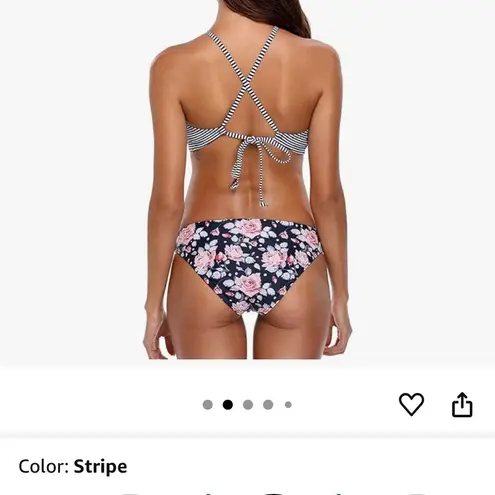 beautyin Womens Floral Striped Halter High Neck Bikini Swimsuit Set Cross Back Black Size L