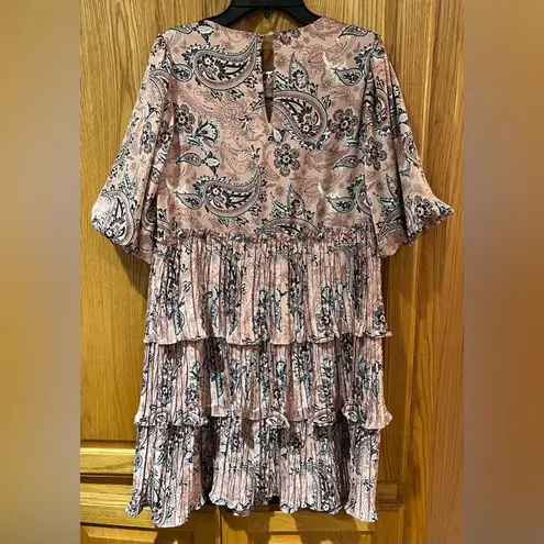 MELLODAY Layered Tiered Ruffle Chiffon Pink Paisley Lined Mini Dress Size XS