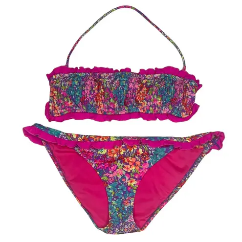 Victoria's Secret Victoria’s Secret Swim 𑁍 Floral Ruffle Bandeau 2 Piece Bikini Set 𑁍 Fuchsia M