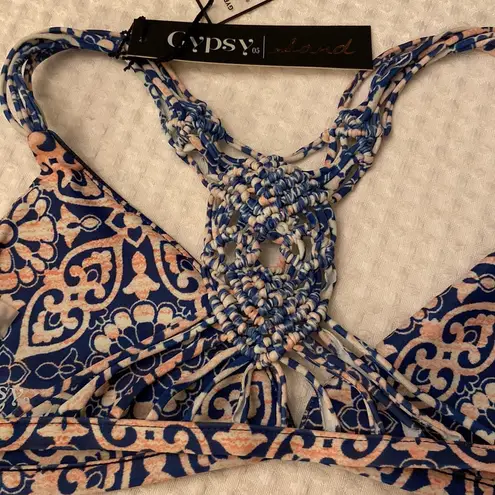 Gypsy 05 NEW! SAND Bikini Size Small Crochet Racerback Top Blue Multi Tile Print