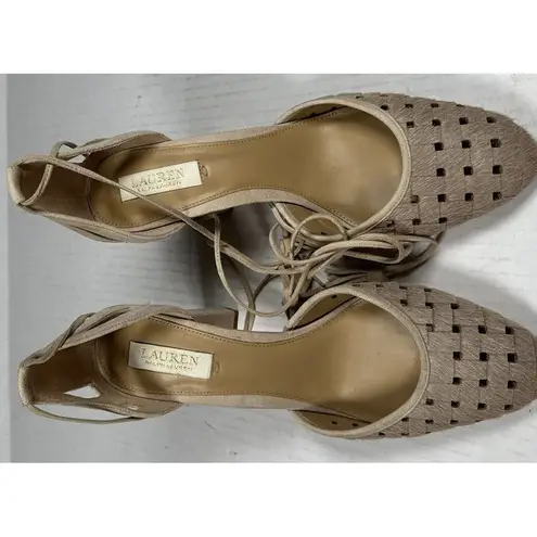 Lauren Ralph Lauren Verna Ankle Wrap D'Orsay Pumps Beige Calf Hair Leather Sz10B Tan Size 10