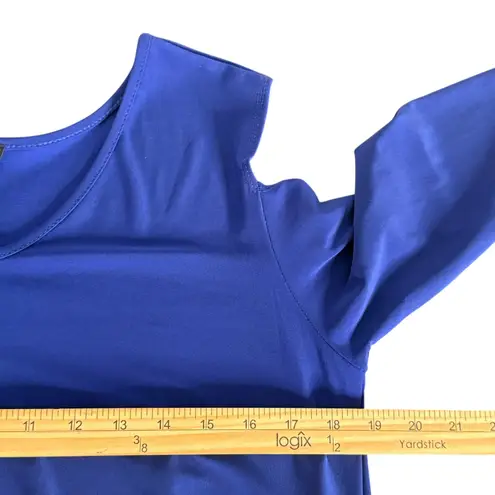 Clara Sun Woo Cold Shoulder Cut Out Tunic Womens M Blue Liquid Knit Slinky Size M