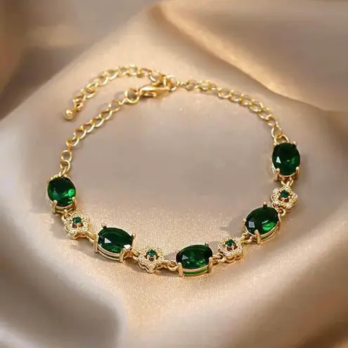 18K Gold Plated Green Crystal Emerald Charm Bracelet for Women