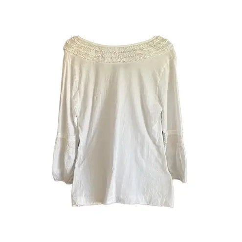 BCBGMAXAZRIA  White smocked neck 100% cotton top. Size Large.