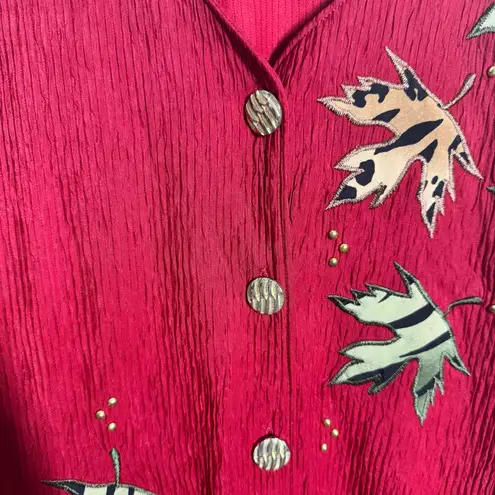Vtg Blair Boutique Top Women S Red Animal Print Leaf Fall Embroidery Holiday