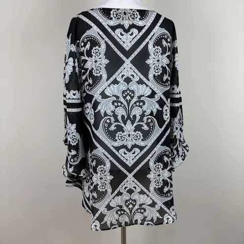 Bob Mackie Poncho Top Womens Medium Black Damask Shimmer Sheer Kafton Casual M