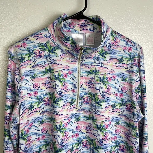 Stella Parker Pink Top Large Long Sleeve 1/4 Zip Floral UPF Golf Hiking Stretch Blue