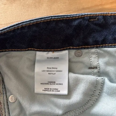 Silver Jeans Silver Elyse Skinny Mid-Rise Factory Distressed Dark Wash Ankle Jeans, 27